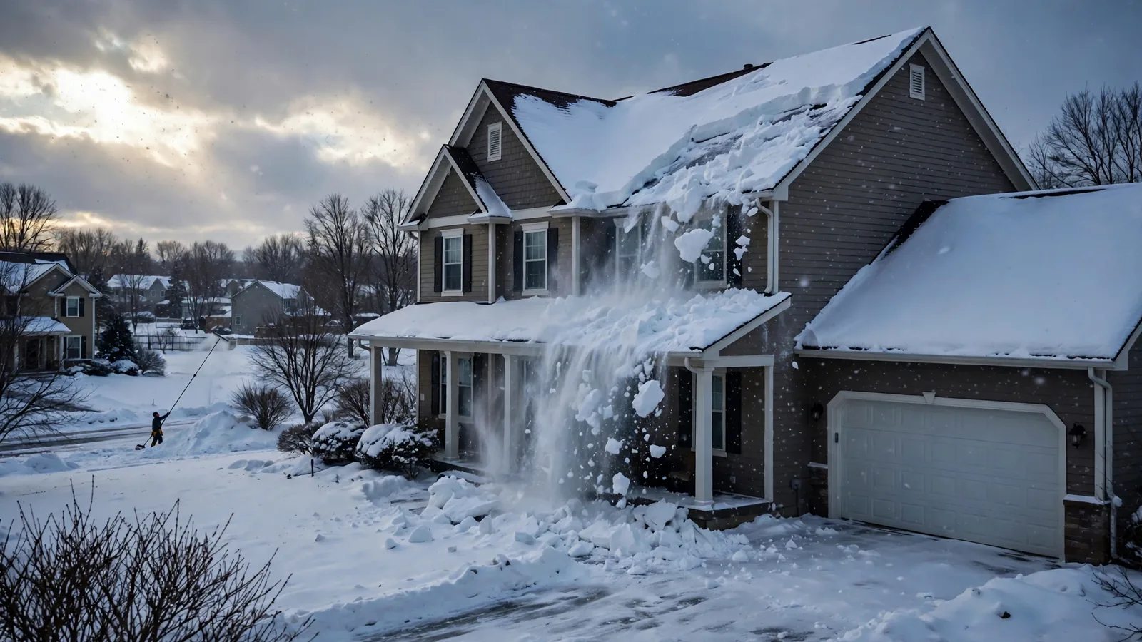 Provider clearing deep snow from a roof in Bloomington, MN